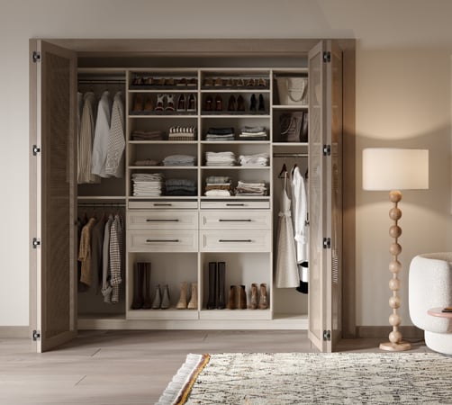 Custom Wardrobe Closet Built-In Cabinetry Open Shelving Drawer Storage Double Hanging Sections Shoe Storage Wood Frame Doors by California Closets South Palm Beach Florida