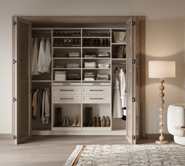 Custom Wardrobe Closet Built-In Cabinetry Open Shelving Drawer Storage Double Hanging Sections Shoe Storage Wood Frame Doors by California Closets South Palm Beach Florida