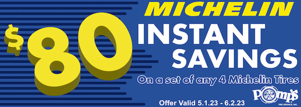 Get $80 Instant Savings on any set of four installed Michelin tires.

Offer valid 5/1/23 - 6/2/23