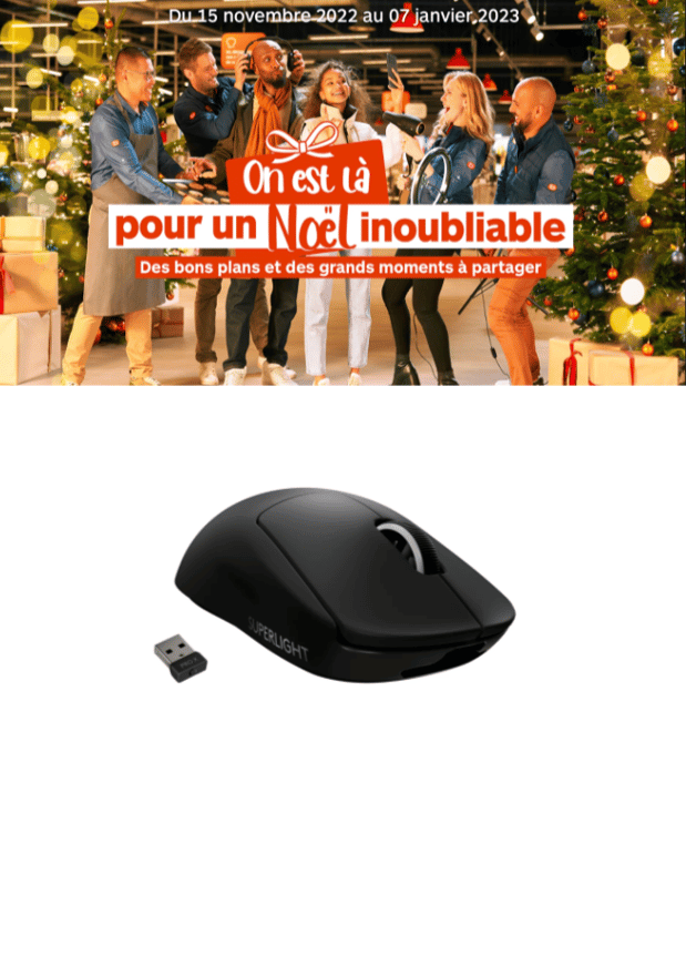 Photo d'une souris Logitech avec sa clé USB + image Boulanger suivi de la phrase 