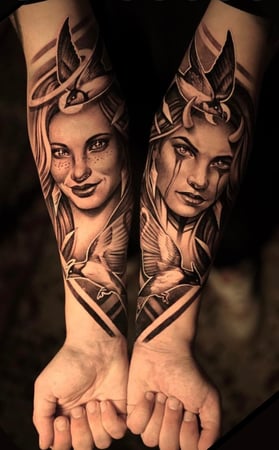 Tattoo Realism Black and Grey - Duality  Motive Good and Bad  - Forearm Project.