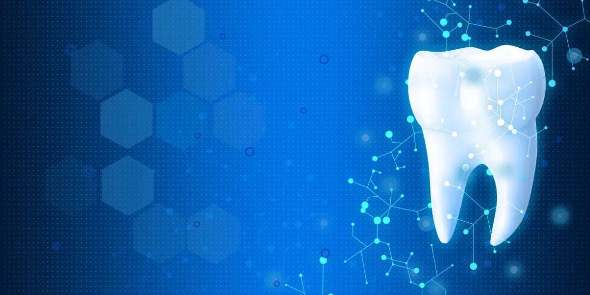 white tooth on blue futuristic science and technology motif background