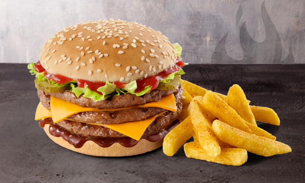 A Phanda Burger with Famous Hand-Cut chips from Steers® , against a purple and grey background.