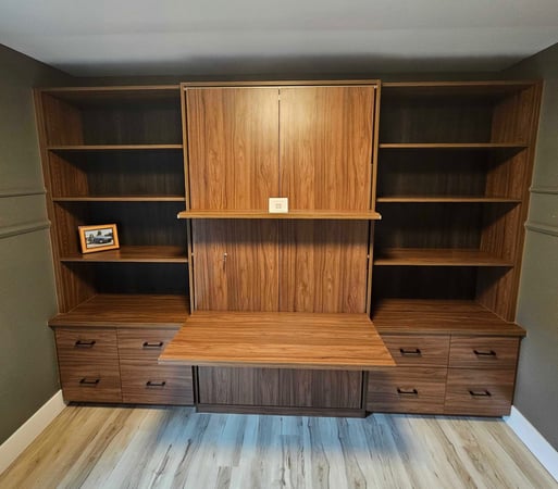 Wall bed with shelving and drawers