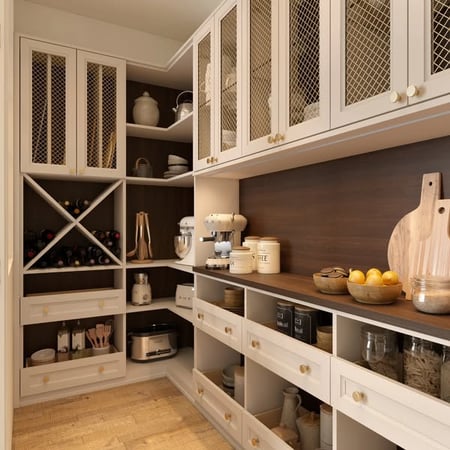 Custom Pantry in a Light Wood Finish with Wine Storage, Metal Mesh Door Inserts and Contrasting Dark Wood Countertop.