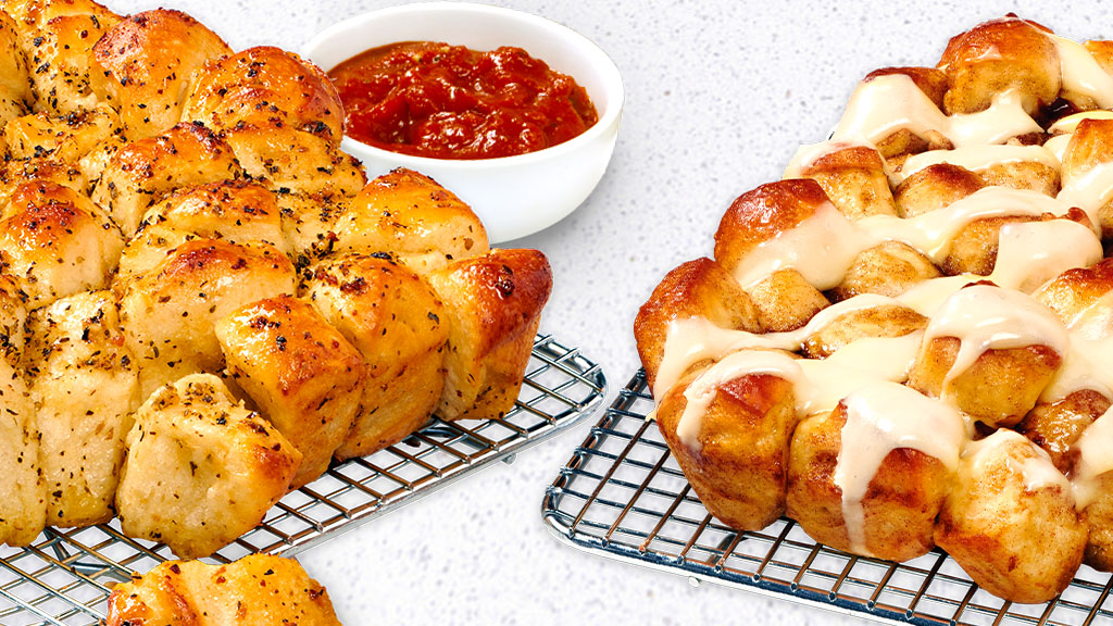 Papa Murphys take and bake garlic monkey bread bites with marinara sauce and cinnamon pull-apart monkey bread with cream cheese frosting