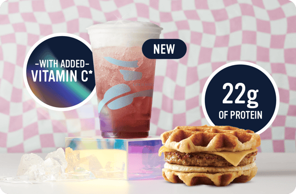 Berry-C Energy Drink with Added Vitamin C and a Maple Waffle Sandwich that has 22 grams of protein