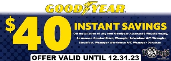 Get a $40 INSTANT REBATE off installation on 4 select Goodyear tires!

Offer valid 8/1/23 - 12/31/23