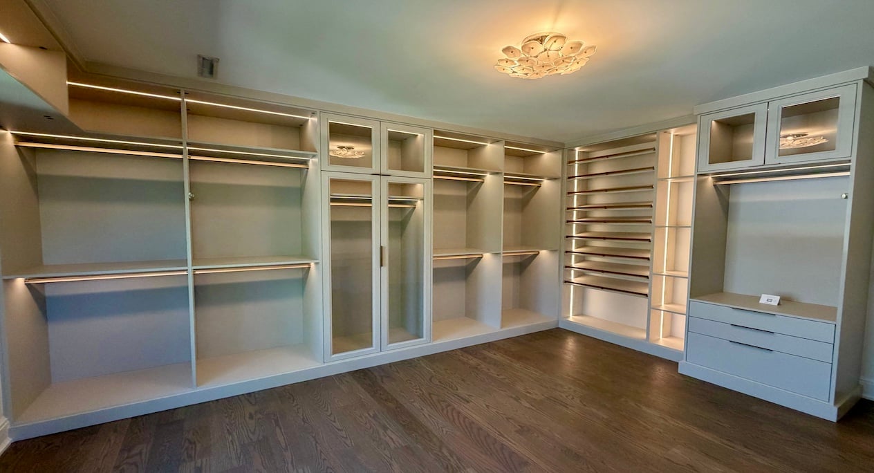 Walk-in closet, custom closet, closet organization, closet storage, shelving, drawers, shoe storage, built-in cabinets in Birmingham, MI