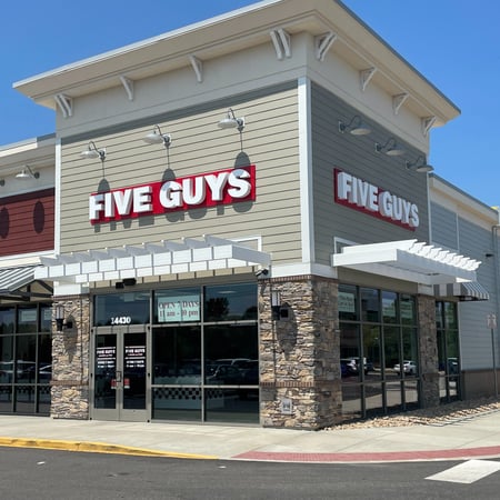 Exterior photograph of the Five Guys restaurant at 14430 Hull Steet Road in Chesterfield, Virginia.