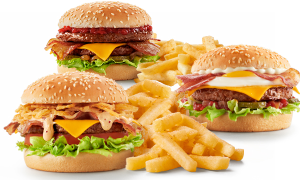 A group shot of three beef burgers against a plain white background.