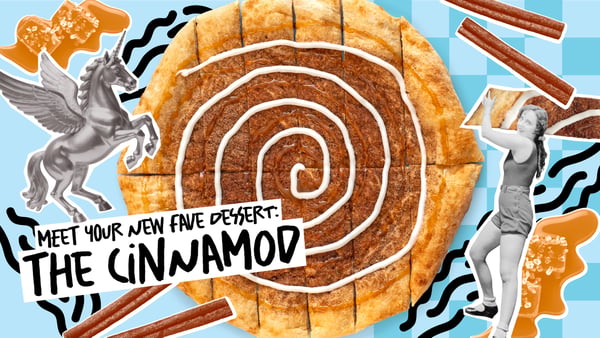 A MOD CinnaMOD is on a light blue background, featuring a strongwoman lifting a slice, and a unicorn in the background.