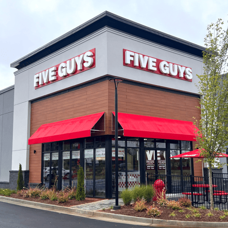 Entrance to the Five Guys at 1125 Ernest W. Barrett Parkway NE in Kennesaw, Georgia.