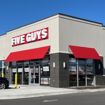 Exterior photograph of the Five Guys restaurant at 35109 S. Gratiot Avenue in Clinton Township, Michigan.