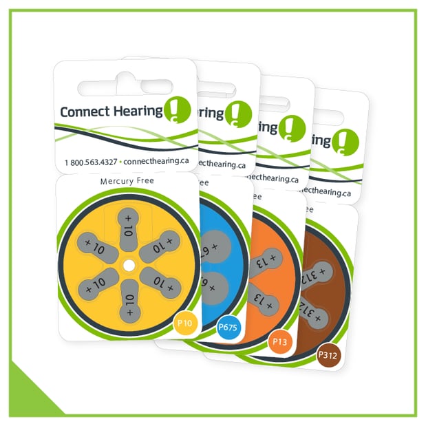 Mercury-free hearing aid batteries. Sizes 10, 13, 312, and 675.