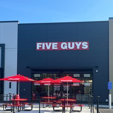 Exterior photograph of the Five Guys restaurant in Killingly, Conn.