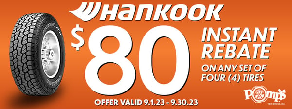 Get $80 INSTANT SAVINGS on any set of four (4) new Hankook Tires now until 9.30.23!

Offer valid 9.1.23 - 9.30.23