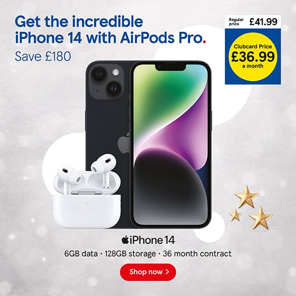 Tesco Mobile iPhone 14 with AirPods Pro Clubcard Price Christmas Deals Shop now