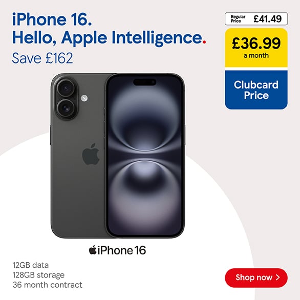 Save £162 on an iPhone 16 deal with Clubcard Prices at Tesco Mobile, Shop now