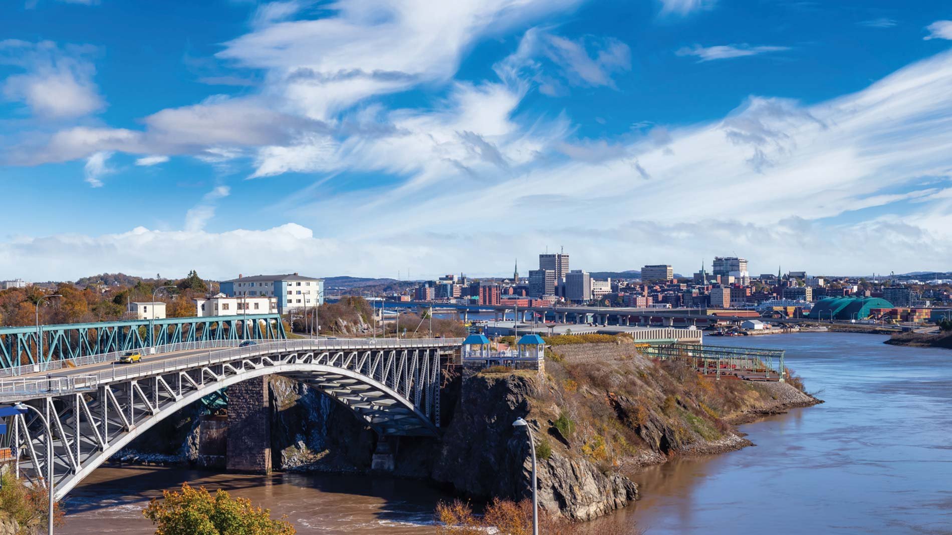 Panoramic View of Reversing Falls Bridge during a sunny day in Saint John, New Brunswick.