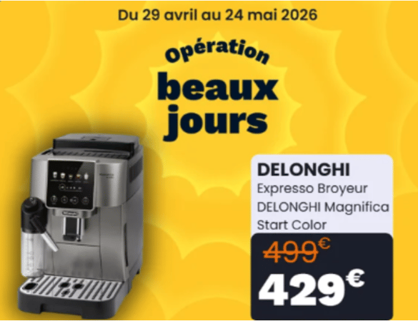 Venez profiter de notre opération Beaux Jours dans notre magasin Boulanger Villiers-sur-Marne avec l'Expresso Broyeur Delonghi Magnifica Start Color FEB2291.TB Titane à 429.99€ au lieu de 499.99€ !!