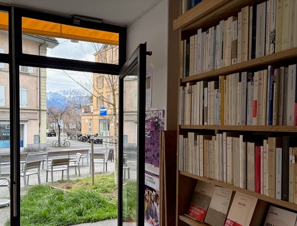 Vue depuis la librairie vers la place de l'Oriental, la rue Clara Haskill et l'échappée vers le lac et le Grammont.