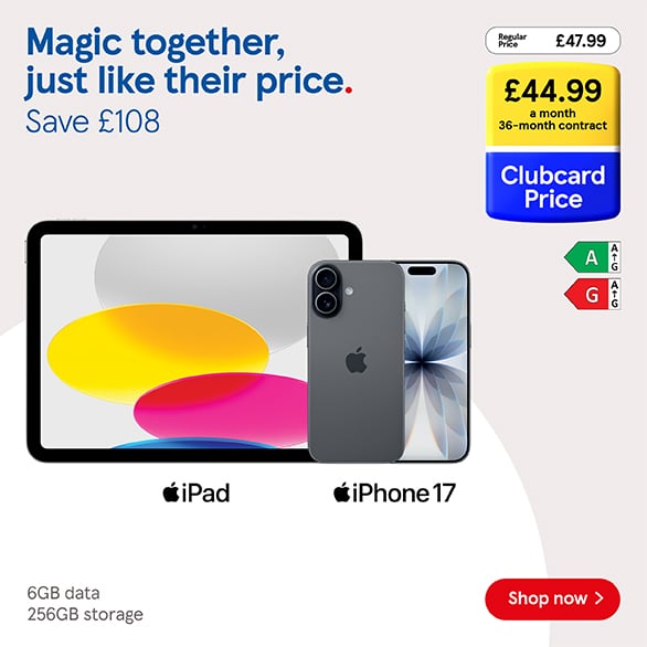 Save on iPhone deals with frozen Clubcard prices at Tesco Mobile, Shop now!