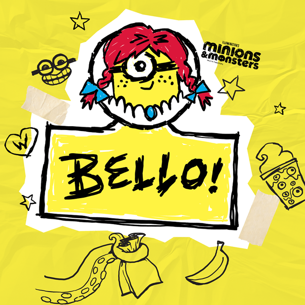 Yellow hand-drawn graphic of a Wendy’s Minion with red pigtails and the word BELLO.