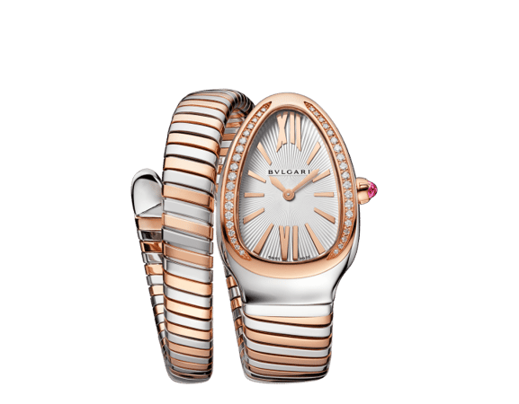 Serpenti Tubogas single spiral watch with stainless steel case, 18 kt rose gold bezel set with brilliant cut diamonds, silver opaline dial, 18 kt rose gold and stainless steel bracelet.