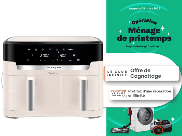 Redécouvrez le plaisir de préparer des plats gourmands avec le Easy Fry Moulinex. Idéal pour des repas croustillants et savoureux avec peu ou pas d’huile, il s’intègre parfaitement dans toutes les cuisines et simplifie votre quotidien. Rapide, pratique et polyvalent, il devient vite un indispensable pour toute la famille.
En l’achetant chez Boulanger Limoges, profitez aussi des avantages du Club Infinity en cumulant des euros sur vos achats et bénéficiez d’une réparation en illimité pour cuisiner en toute sérénité.