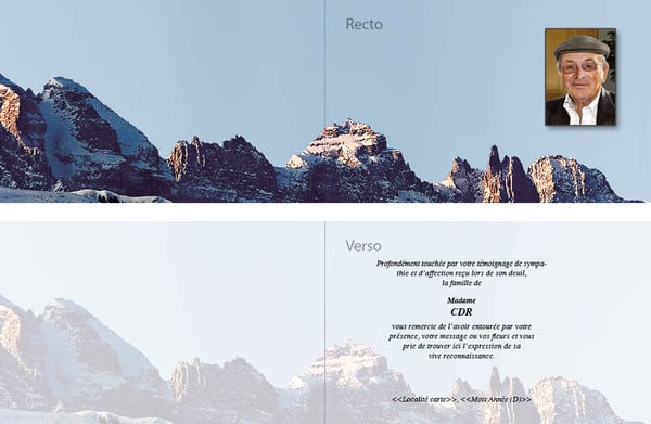 Exemple de carte de remerciement de deuil double recto-verso avec montage photo P2