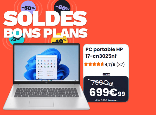 👉 Soldes chez Boulanger La Roche-sur-Yon !
💻 Boostez votre confort avec un ordinateur portable HP 17″ équipé d’un Intel Core i7, 16 Go de RAM et SSD 512 Go — ultra performant pour le travail et les loisirs ! 💼🎮 

💸 Prix soldé : 699,99 € – performance, grand écran et puissance au rendez-vous ! 🔥 

📍 Disponible en magasin — foncez avant rupture de stock ! 🛍️ #Soldes #Boulanger #BonPlan