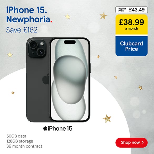 Save £162 on an iPhone 15 deal with Clubcard Prices at Tesco Mobile, Shop now