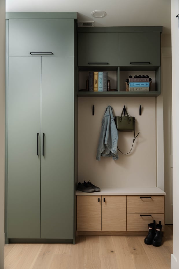 Custom entryway mudroom with storage bench, cabinet doors, drawers, wall hooks holding a jacket and handbag, overhead shelves, and footwear storage.