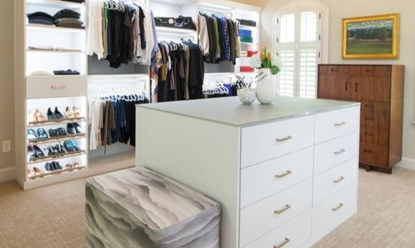 Custom Room Conversion to Dressing Room. Glass Countertop Island. Shoe Shelves. Accent Lighting in Wayne, PA