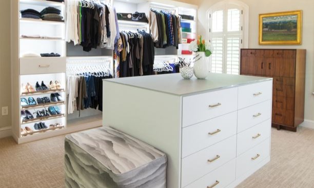 Custom Room Conversion to Dressing Room. Glass Countertop Island. Shoe Shelves. Accent Lighting in Wayne, PA