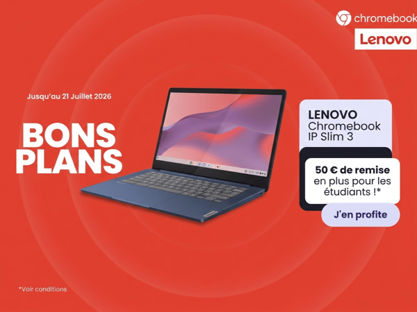 Bons plans chez Boulanger Chambéry : LENOVO Chromebook IP Slim 3 avec 50 euros de remise supplémentaire pour les étudiants chez Boulanger Chambéry.