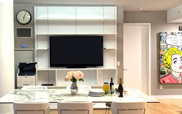 modern tv unit custom built horizontal shelving in dining room New York City, New York