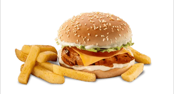 Steers® Chicken Cheese Burger placed on a grey surface with a grey background.