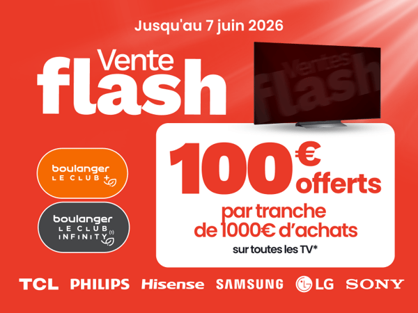 Jusqu'au 07/06/2026 dans votre magasin Boulanger Villiers-sur-Marne, bénéficiez de 100€ de remise par tranche de 1000€ sur tous nos modèles de télévision !!!