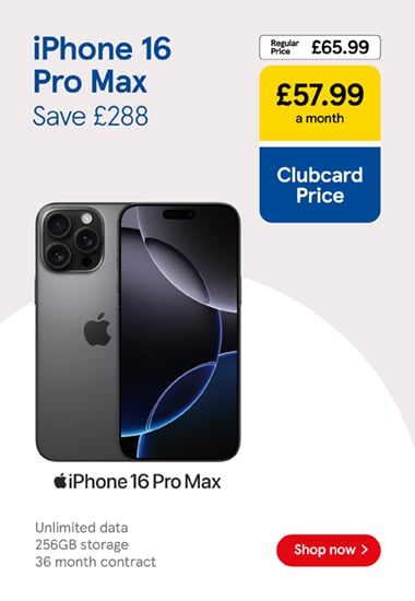 Save £288 on an iPhone 16 Pro Max deal with Clubcard Prices at Tesco Mobile, Shop now