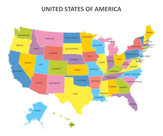 アメリカ合衆国の州を示す多色地図