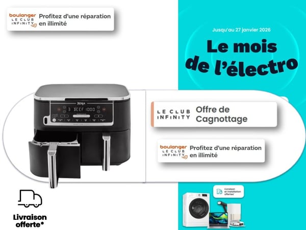 Friteuse sans huile Airfryer chez Boulanger Toulouse Colomiers – modèles Seb, Ninja, Moulinex, air fryer ninja foodi dual zone friteuse sans huile double bac cuisson saine rapide électroménager cuisine mois de l'électro boulanger toulouse colomiers
Tefal, cuisson saine et croustillante, friteuse connectée et multifonction.
Airfryer disponible chez Boulanger Toulouse Colomiers – Friteuse sans huile compacte ou familiale, cuisson saine et rapide, modèles disponibles aussi chez Philips, Ninja, Seb, Tefal et Moulinex.