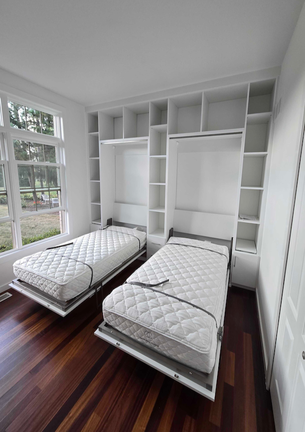Wall bed with shelving and drawers