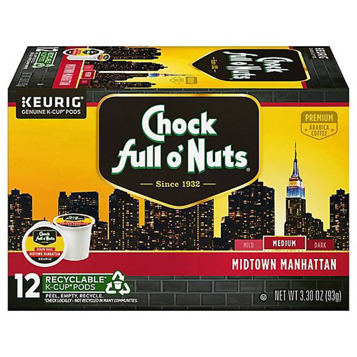Chock Full o'Nuts Single Serve 12 Count Midtown Manhattan K-Cup, 3.3 oz