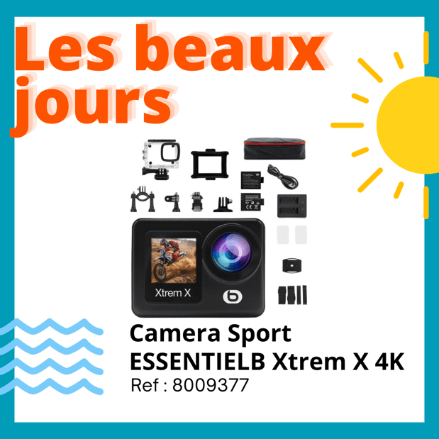 Caméra sport Essentielb Xtrem X 4K double ecran + 12 accessoires / go pro / caméra sportive pour vacances / caméra vacances / caméra étanche /