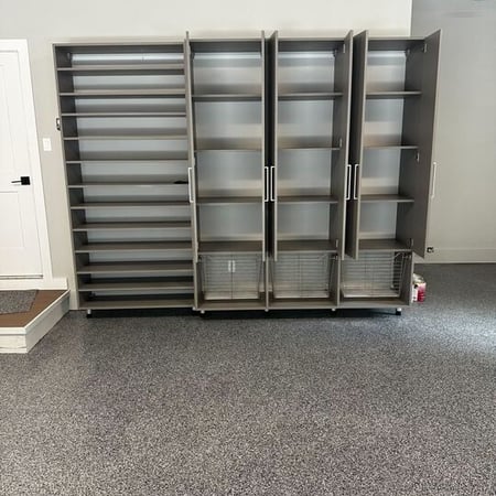 Richmond - Custom closets - garage storage system with adjustable shelves, tall cabinets, and wire baskets