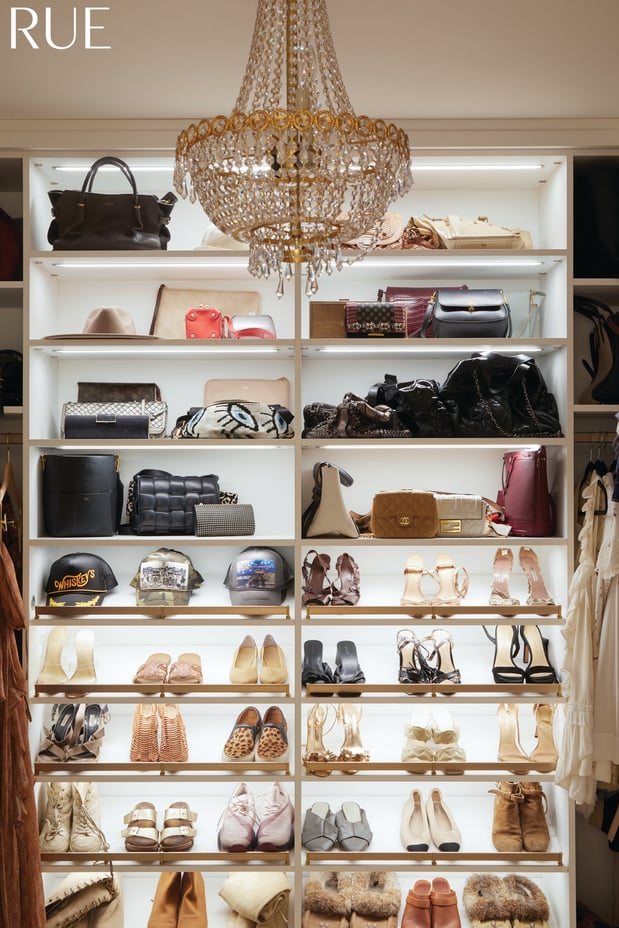 Ali Larter's shoe and purse shelves with ribbon lighting