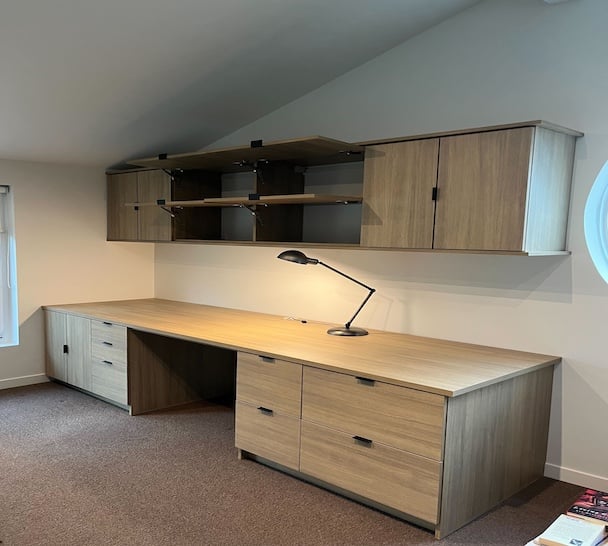 Custom home office cabinets and shelving with storage solutions for efficient home organization in West Bloomfield, Michigan