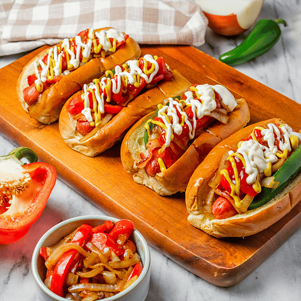 beef danger dogs with bacon onions and mixed peppers